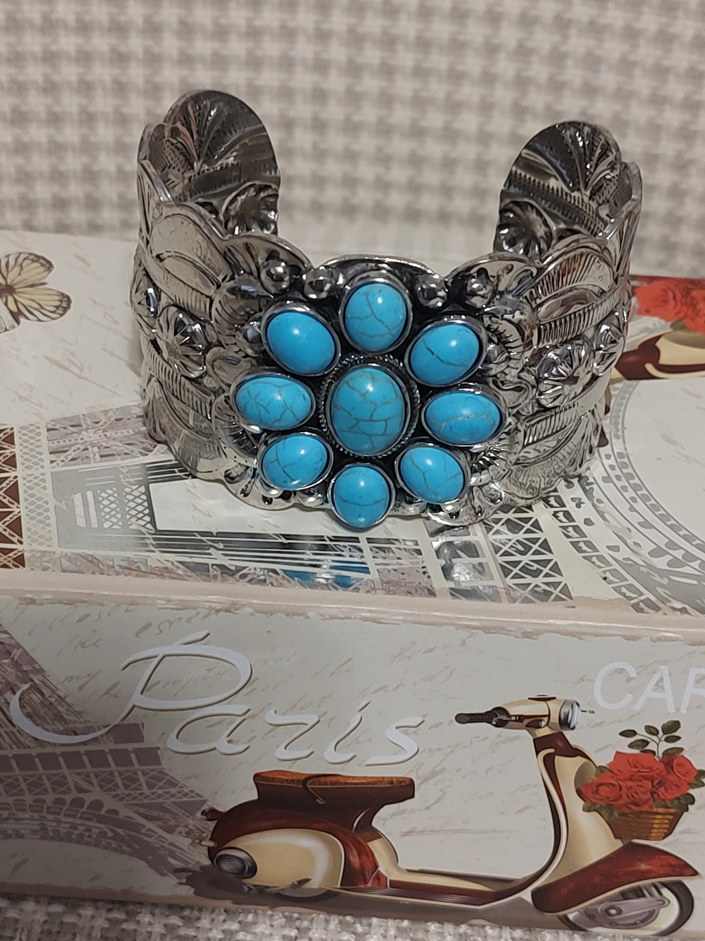 Turquoise Stone Flower Silver Cuff Bracelet